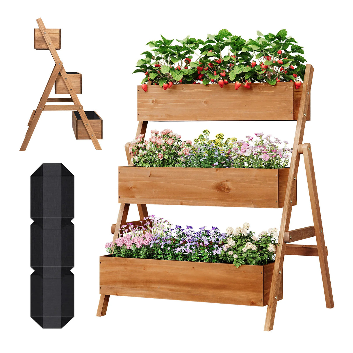 Houten plantenbak van BukkitBow met meerdere niveaus en trappen, perfect voor moestuin en tuinieren.