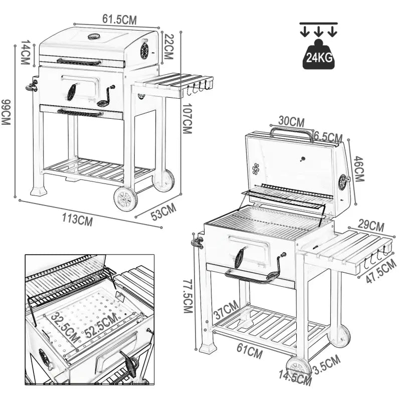 BukkitBow houtskoolbarbecue van staal met 2 grillroosters, verplaatsbaar, afmetingen 113x45,5x100 cm, geschikt voor outdoor koken