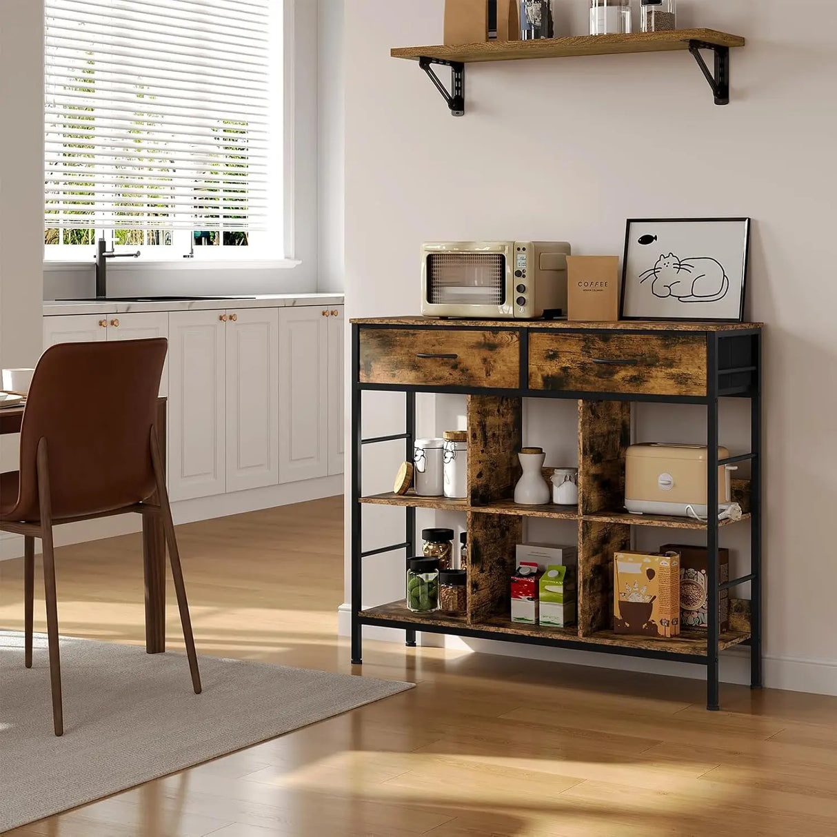 Industrieel houten boekenkast BukkitBow met 6 vakken en 2 lades, houtlook, stevig en functioneel design.