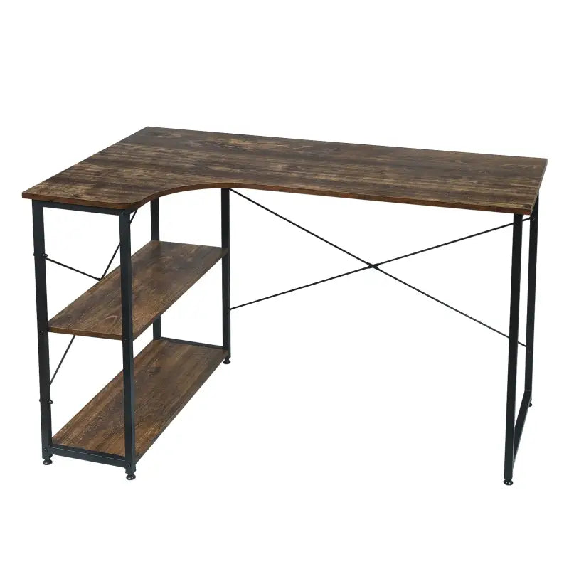 Industrieel hoekbureau van BukkitBow, compact ontwerp met 2 opbergplanken, afmetingen 120x74cm, geschikt voor thuis of kantoor.