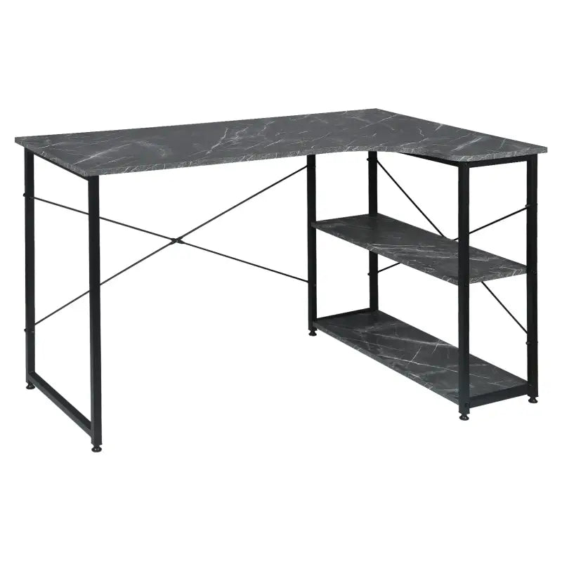 Industrieel klein hoekbureau van BukkitBow met 2 planken en opbergruimte, afmetingen 120x74cm, geschikt voor thuis of kantoor.