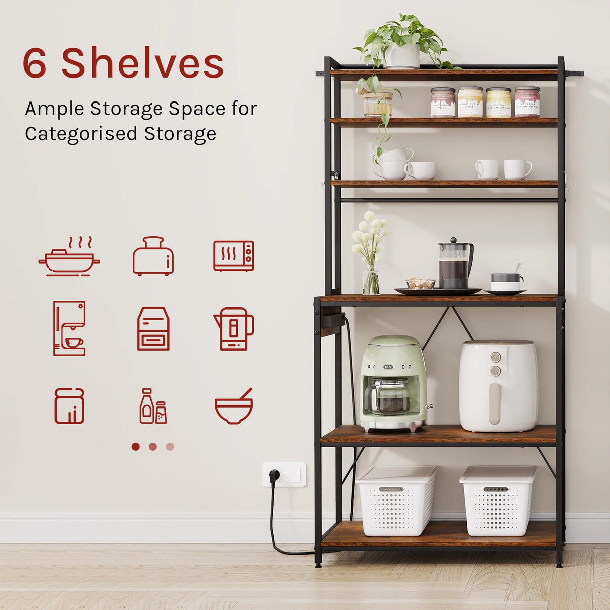 BukkitBow - Industrieel Keukenrek met Stopcontact en 6 Open Planken