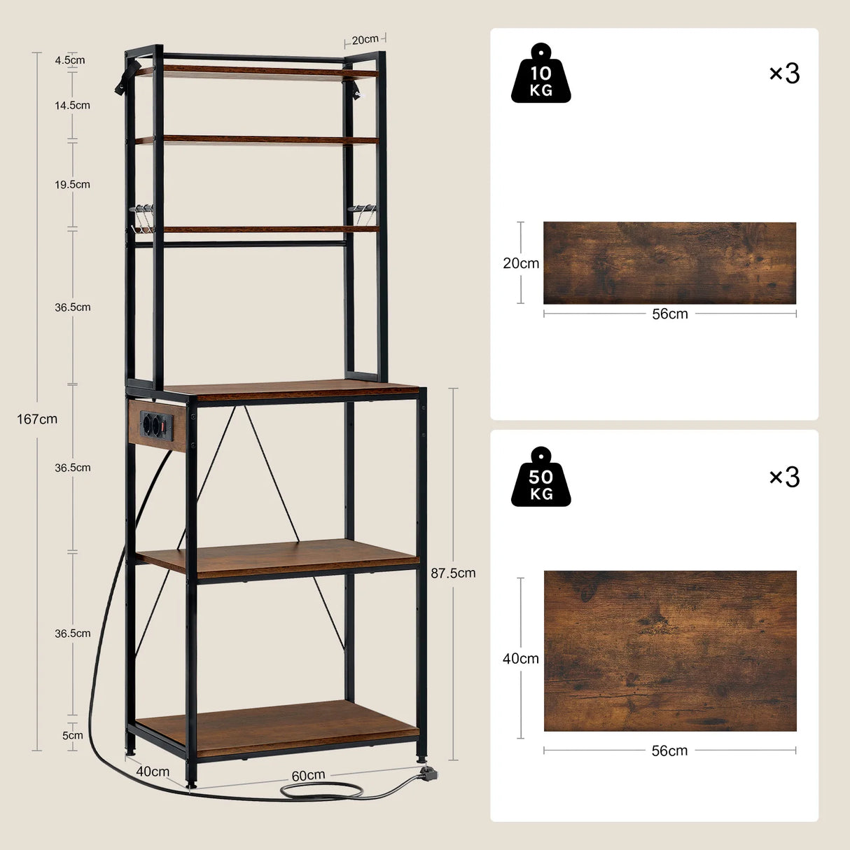 BukkitBow - Industrieel Keukenrek met Stopcontact en 6 Open Planken
