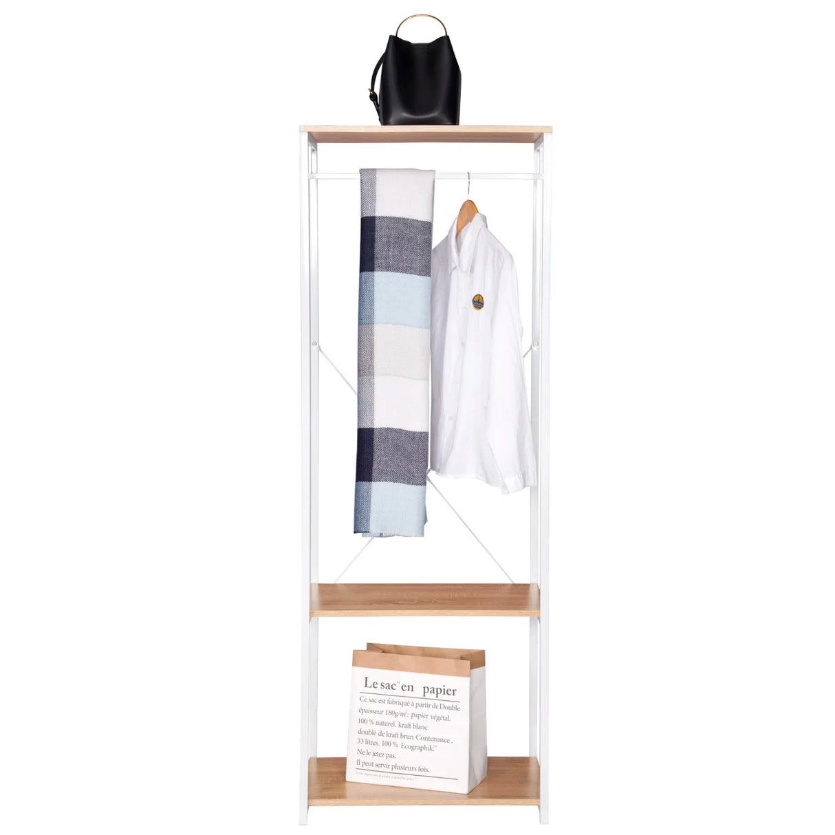 Industrieel BukkitBow kledingrek met 2 legplanken, 167 cm hoog, stevige metalen constructie voor kleding en accessoires