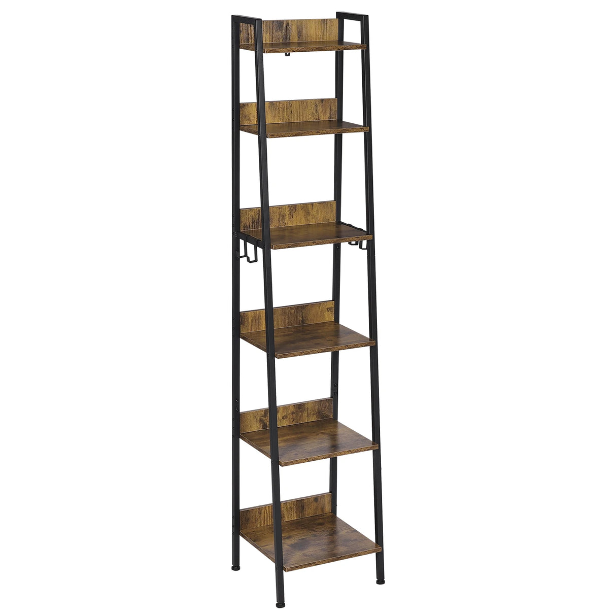 Industrieel ladderrek boekenkast van BukkitBow met 6 planken, 4 haken, metalen frame en moderne uitstraling.