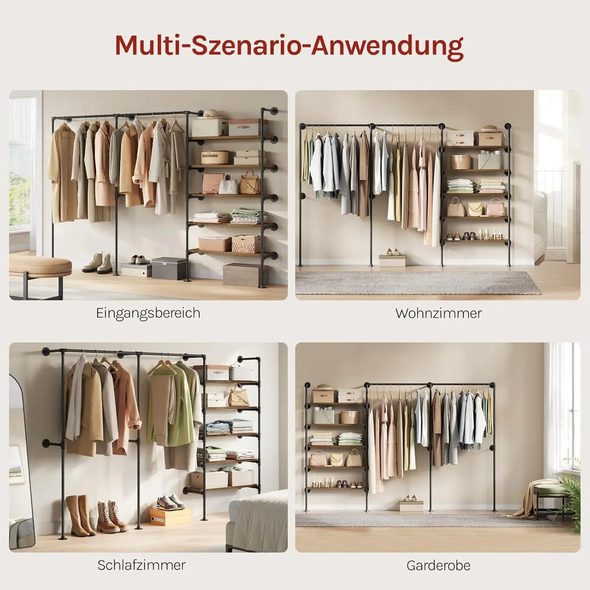 Industrieel open kledingrek van BukkitBow, wandmontage, metalen ontwerp, geschikt voor moderne interieur en opbergen van kleding.