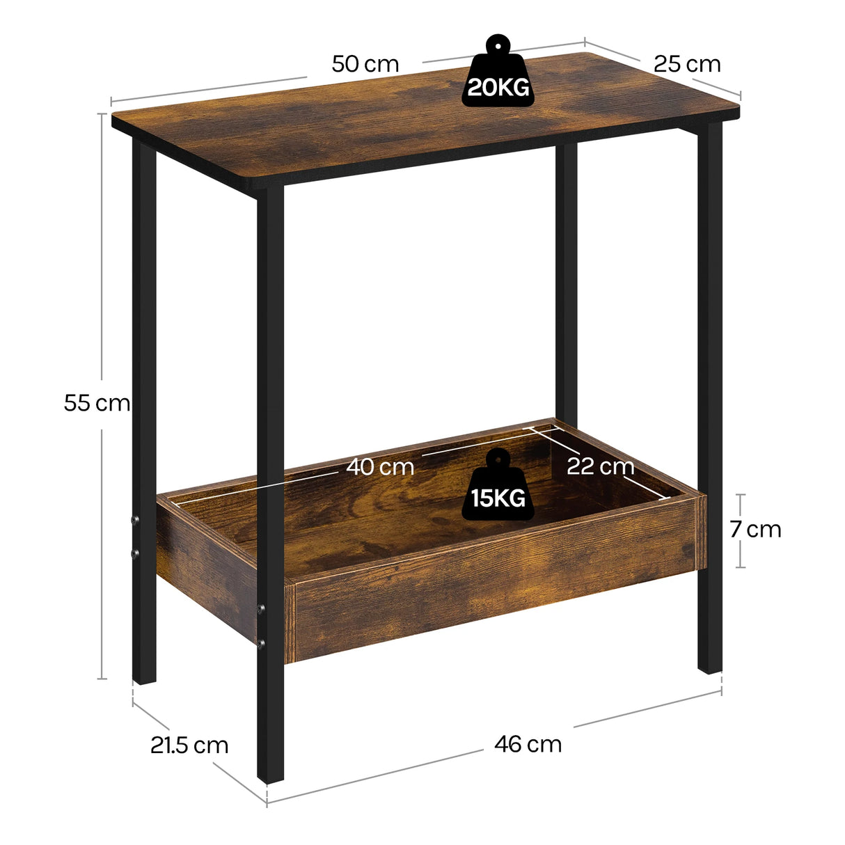 Industriële BukkitBow bijzettafel met twee niveaus en opstaande rand, zwart metalen frame en houten oppervlakken.