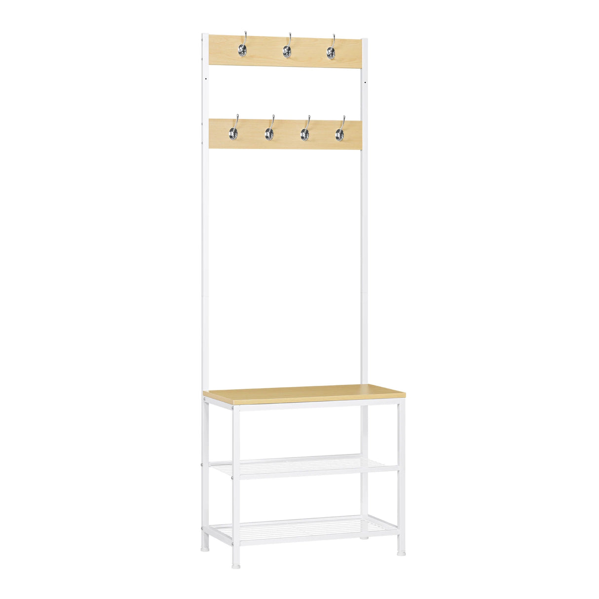 Industriële BukkitBow garderoberek met zitbank en 7 haken, houtlook kapstok voor entree of gang, stevig en stijlvol design