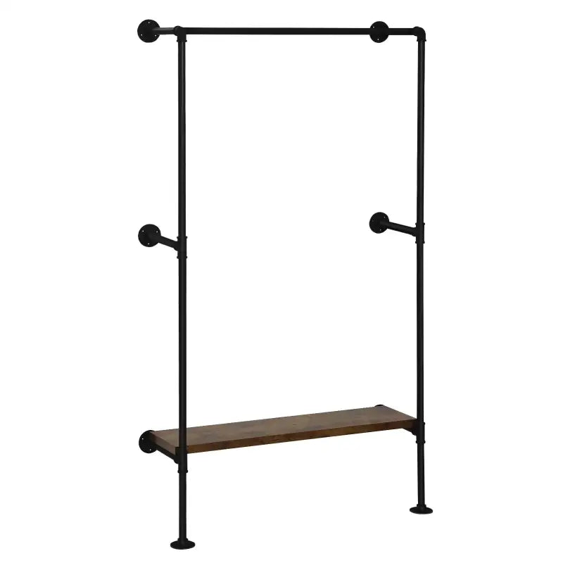 Industriële BukkitBow kledingrek met zwart metalen frame, vintage houten plank, open ontwerp en hoge kledingrail, max 100 kg belasting.
