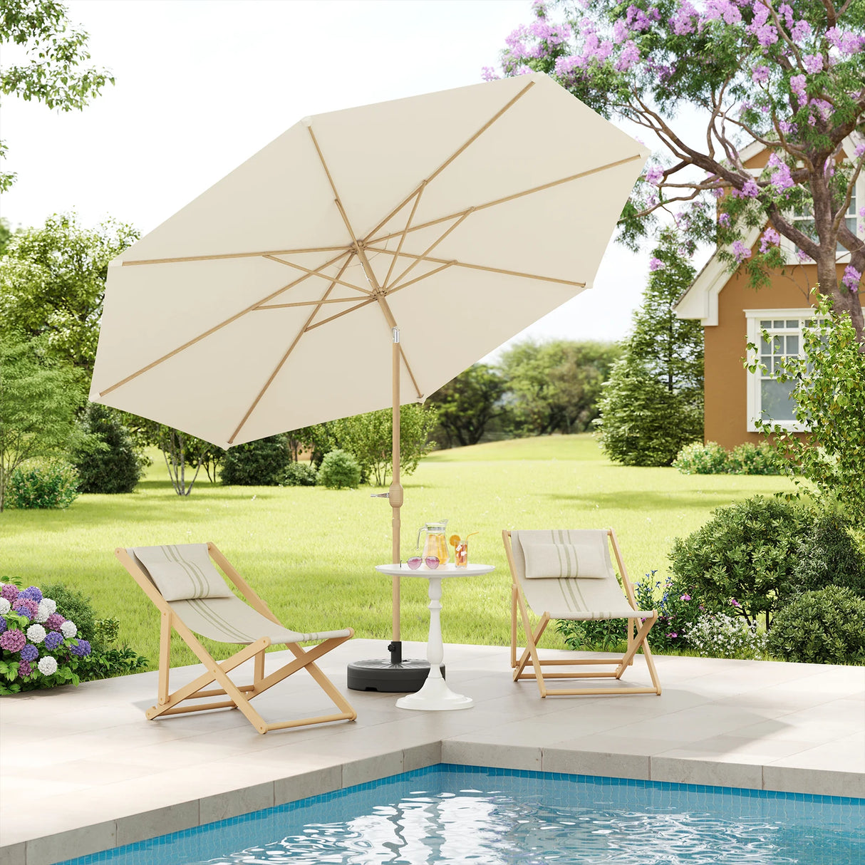 BukkitBow kantelbare tuinparasol met slinger, 300cm, UV-bescherming, geschikt voor buiten in de tuin.