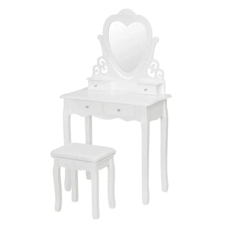 BukkitBow make-up tafel met kruk, hartvormige spiegel, 2 grote en 2 kleine laden, afmeting 140x75x40 cm, stijlvolle kaptafel.