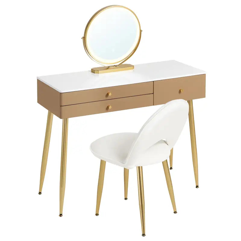BukkitBow make-up tafel met LED-verlichting, ronde spiegel, 3 grote laden en bijpassende kruk, afmetingen 100x80x40cm.