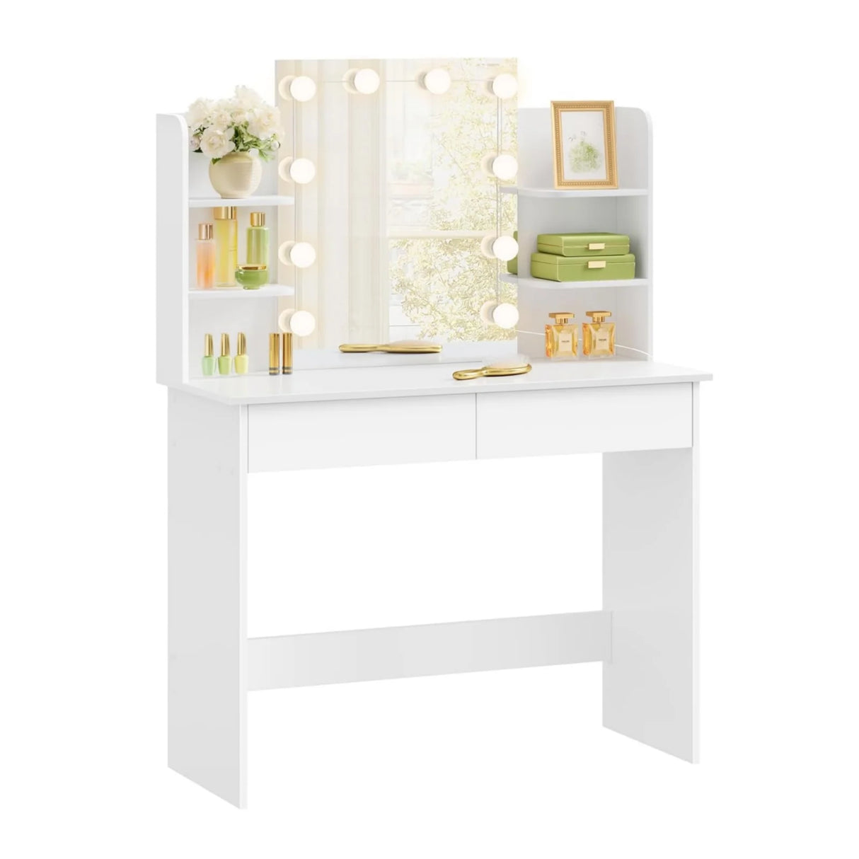 BukkitBow kaptafel met massief hout en kunststof, LED spiegel, geschikt voor slaapkamer, stijlvolle en praktische make-up tafel