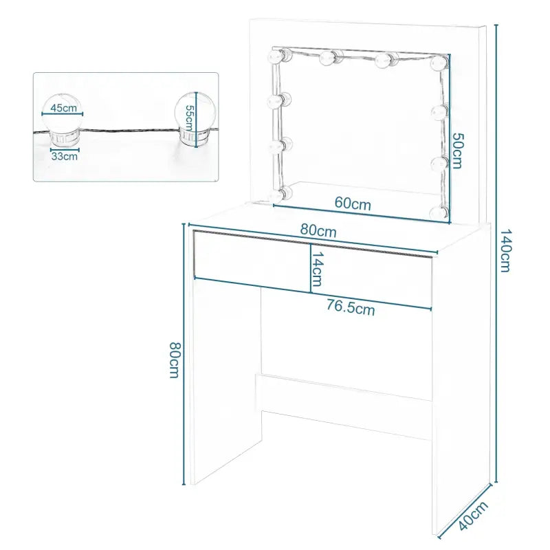 BukkitBow kaptafel met grote spiegel, LED-verlichting, MDF vezelplaat en ruime opbergruimte, 80x40x140cm, stijlvolle make-up tafel
