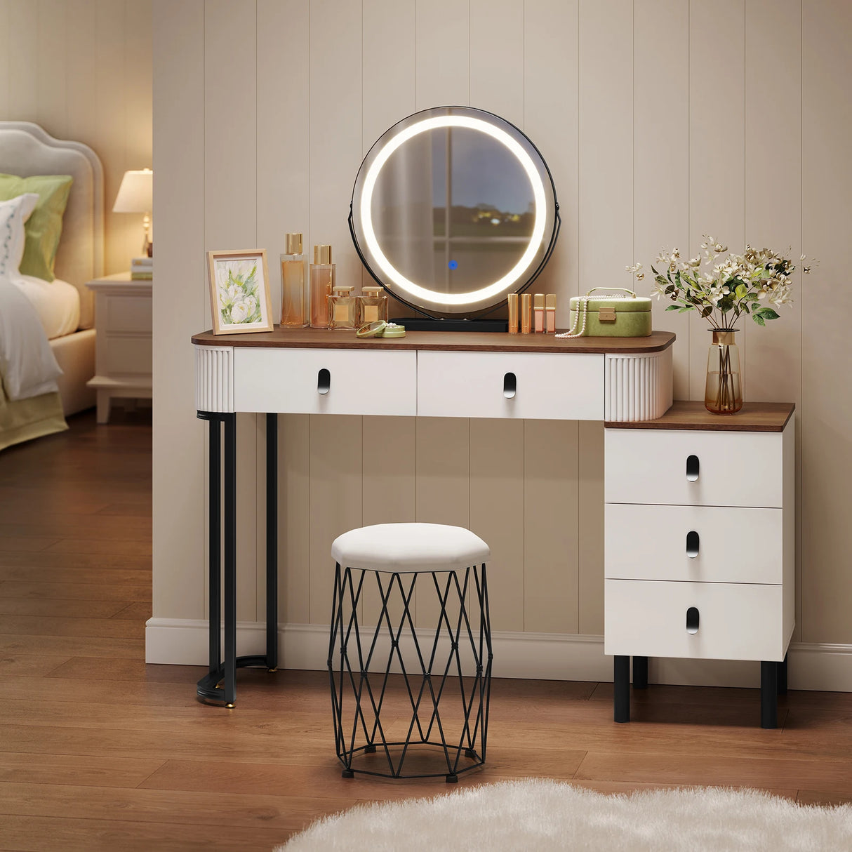 BukkitBow kaptafel met LED-verlichting, 360° draaibare spiegel en verstelbare zijkast, perfect voor slaapkamer make-up.