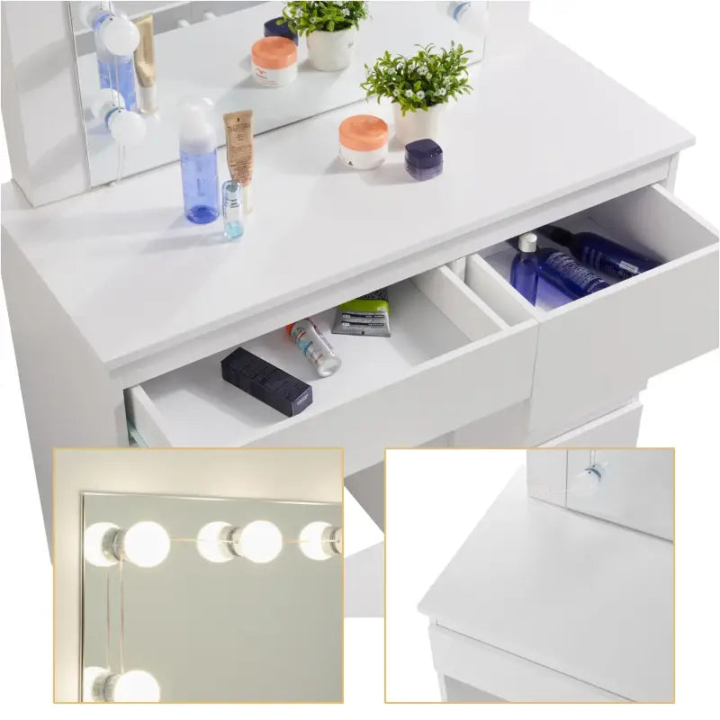 BukkitBow kaptafel set met kruk, melamine panelen, spiegel en LED-verlichting, elegant en functioneel voor make-up en verzorging