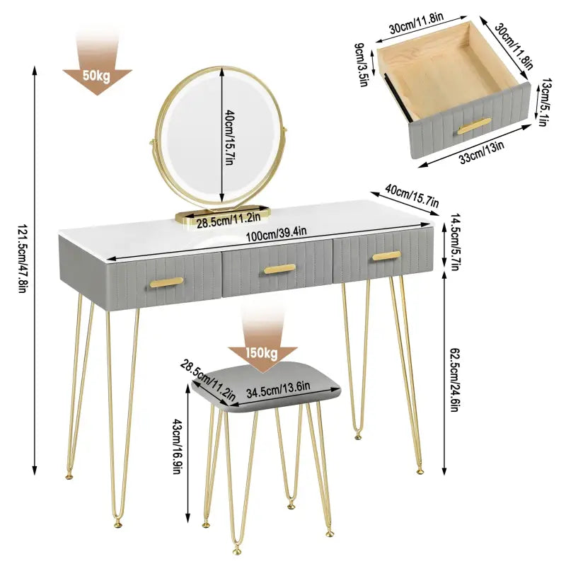 BukkitBow kaptafel set met LED spiegel en kruk, stevige houten frame met fluwelen bekleding en gouden details, 100x121,5x40 cm.