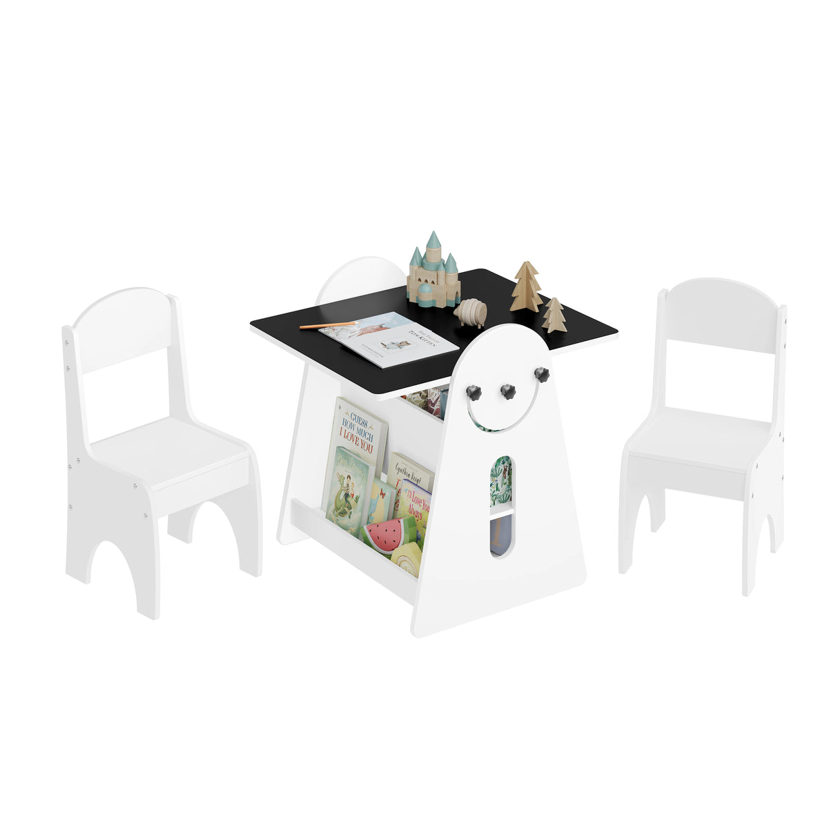BukkitBow kindertafel met twee stoeltjes en opbergruimte, 2-in-1 tekentafel voor kinderen, natuurlijke houtkleur en compact ontwerp