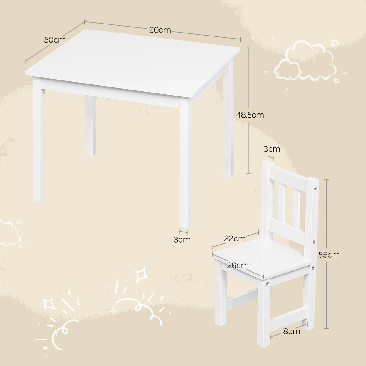 Houten kindertafel met 2 stoeltjes van BukkitBow, perfecte zitgroep en speeltafel voor kinderkamer vanaf 2 jaar