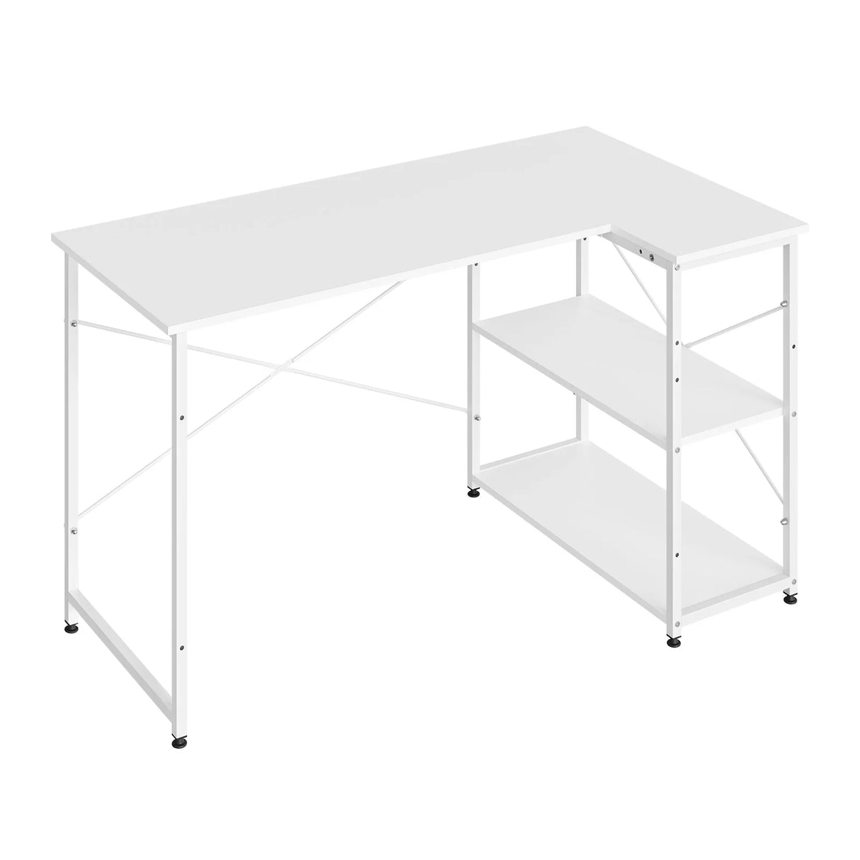 L-vorm BukkitBow bureau met staal en hout, verstelbare planken en hoekontwerp voor een functionele werkplek.
