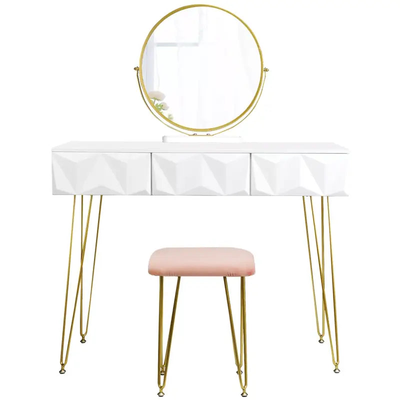 Luxe BukkitBow kaptafel met ronde spiegel, gouden poten, kruk en drie lades voor stijlvolle opbergruimte en make-up.