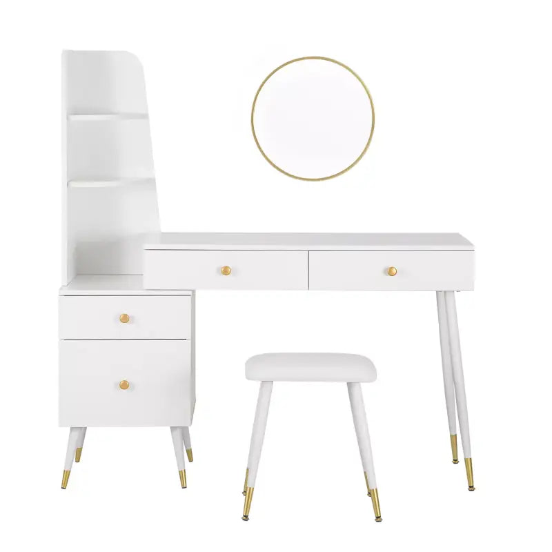 Luxe BukkitBow kaptafel met ronde spiegel, kruk en opbergkast met gouden poten voor een stijlvolle slaapkamer inrichting