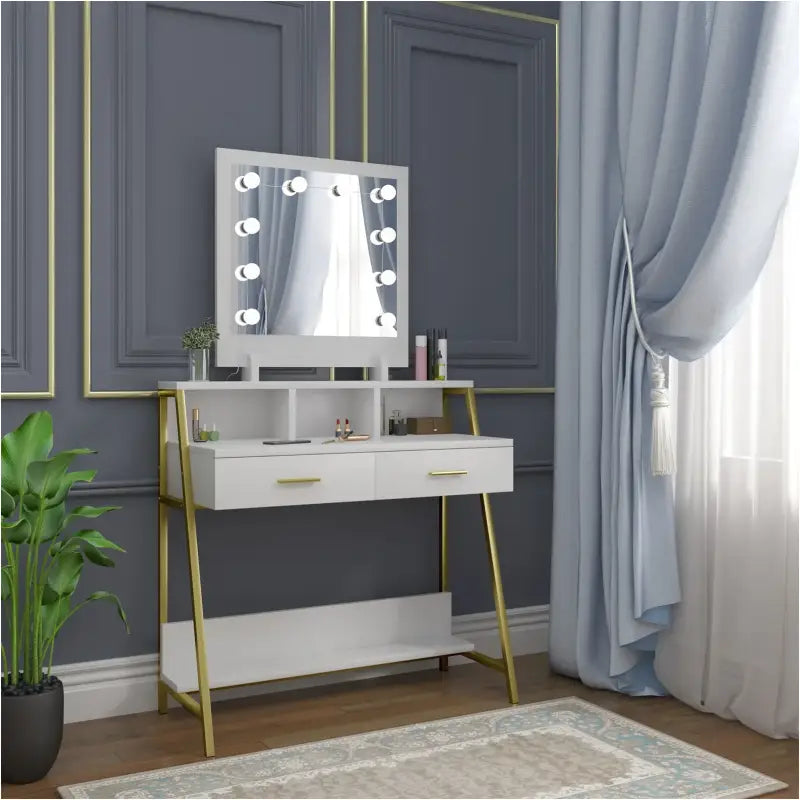 Luxe BukkitBow kaptafel met LED-spiegel, opbergruimte en twee lades, elegant meubel voor make-up en styling.
