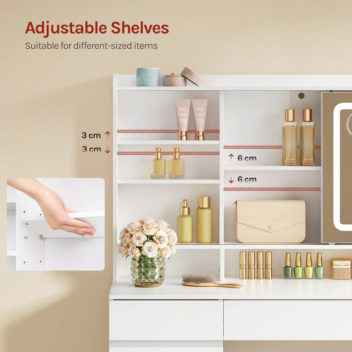 Luxe BukkitBow kaptafel met schuifspiegel, 9 laden, stopcontact en USB-poort, stijlvolle houten meubel voor make-up en accessoires