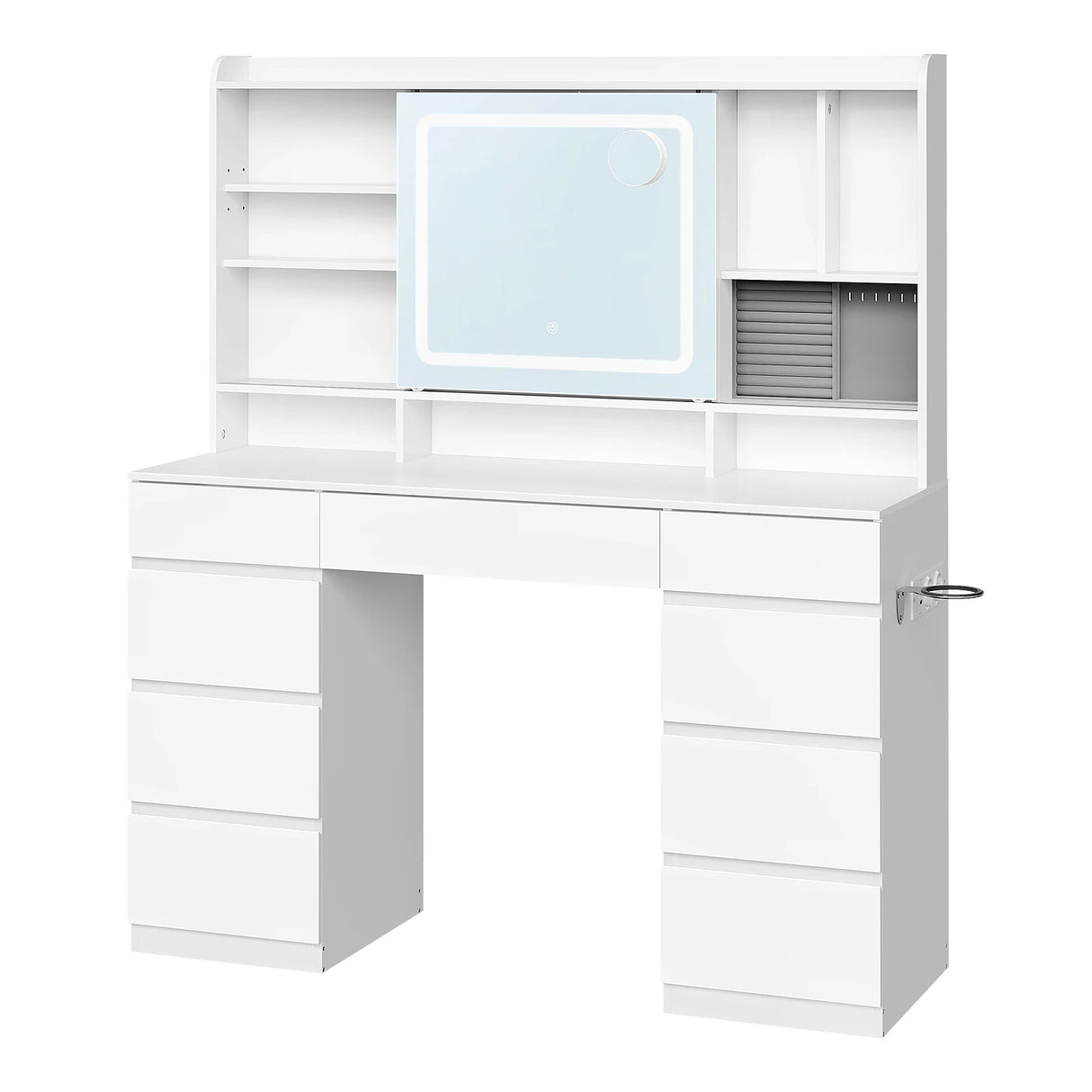 Luxe BukkitBow kaptafel met schuifspiegel, 9 laden, stopcontact en USB-poort, ideaal voor make-up en sieraden.