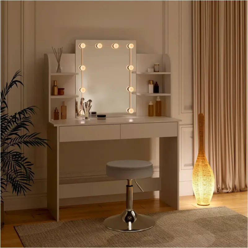 Luxe BukkitBow kaptafel met verlichte LED-spiegel, kruk, lades en opbergplanken, geschikt voor make-up, afmetingen 108x40x142 cm.