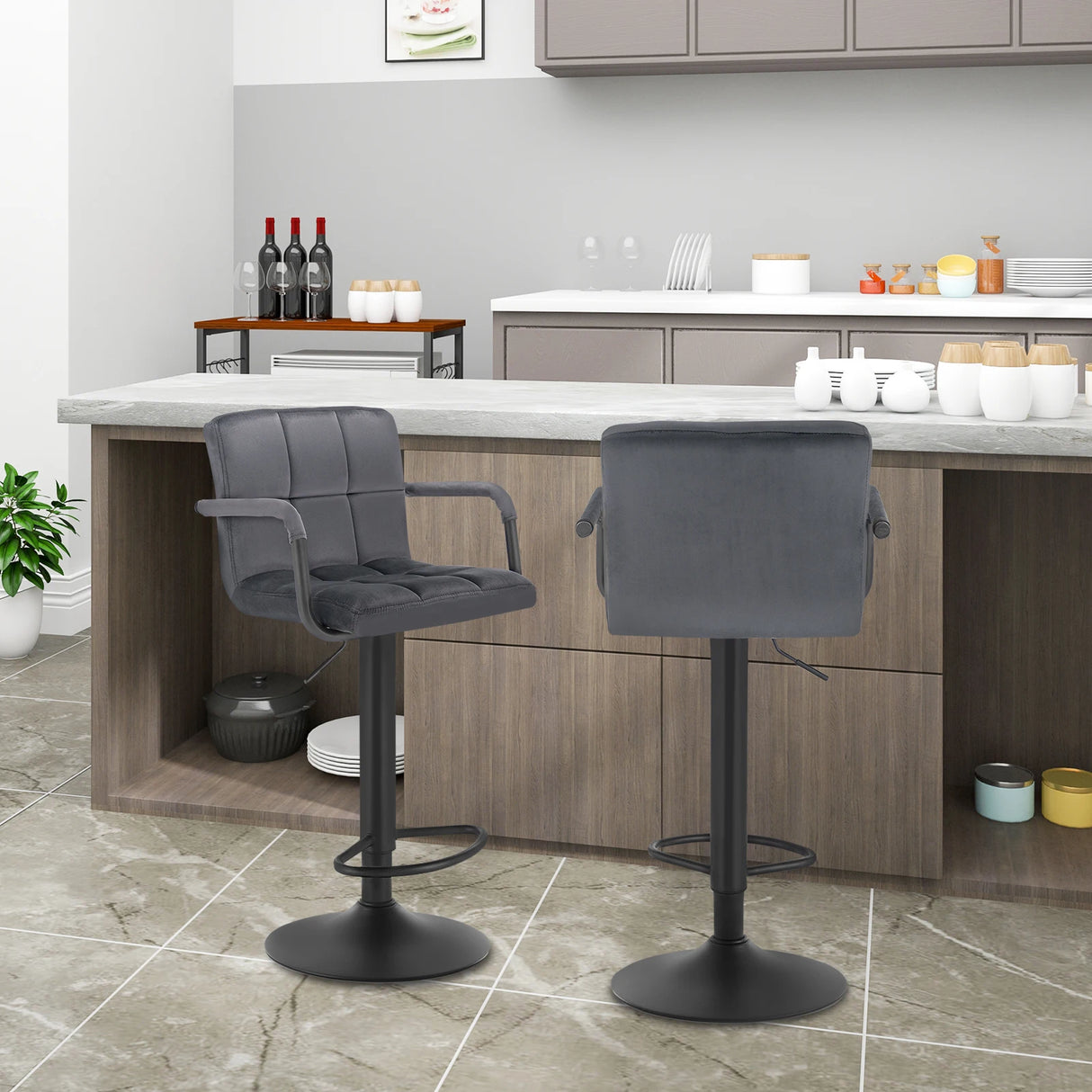 BukkitBow luxe velvet barkrukken met armleuning, verstelbaar in hoogte, set van 2, elegante stoelen voor in de woonkamer of bar.