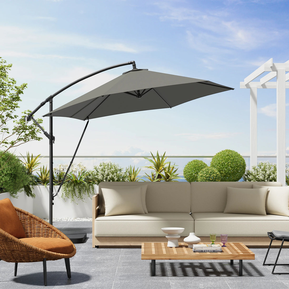 Luxe BukkitBow zwevende parasol van 310cm met slinger en beschermhoes, geschikt voor buitengebruik.