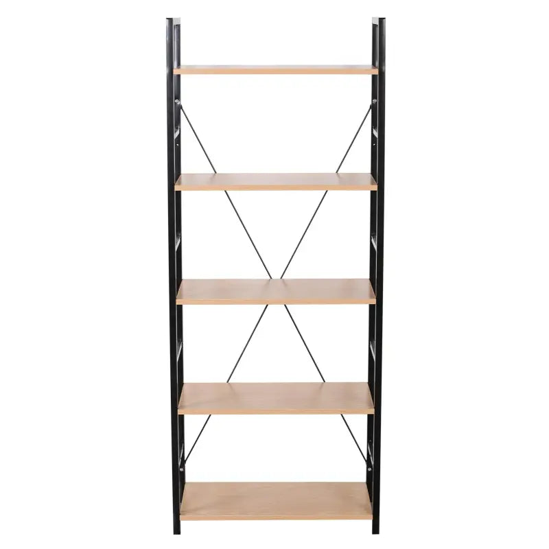 Industriële metalen boekenkast van BukkitBow in laddervorm met 5 planken, afmetingen 28x60x148cm, modern en robuust design.
