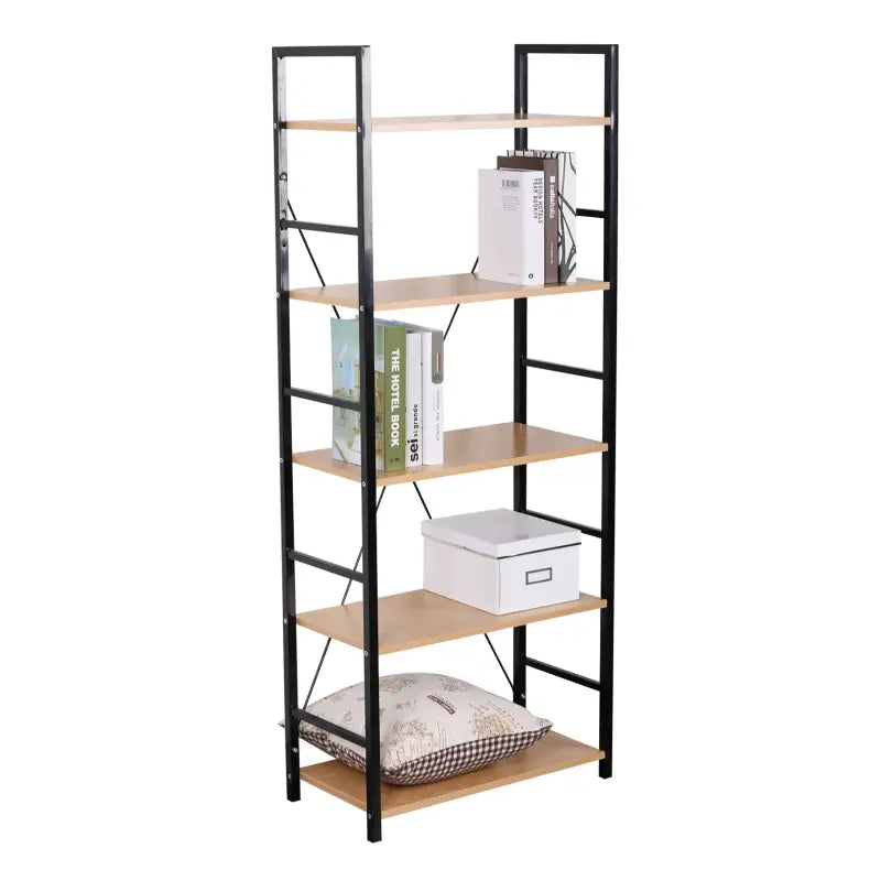 Metalen industriële BukkitBow boekenkast in laddervorm met 5 planken, afmetingen 28x60x148 cm, stevig en stijlvol voor interieur.