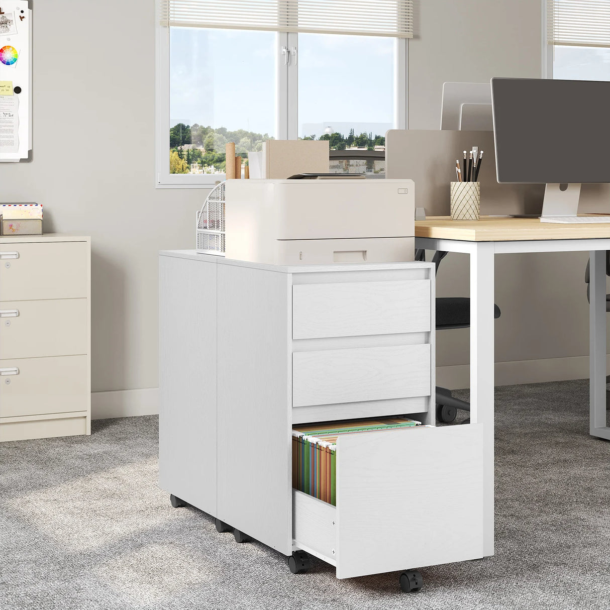 BukkitBow mobiele archiefkast met 3 laden, wielen en rolcontainer, ideaal als bureau- of kantoor organizer in kantoor of woonkamer.