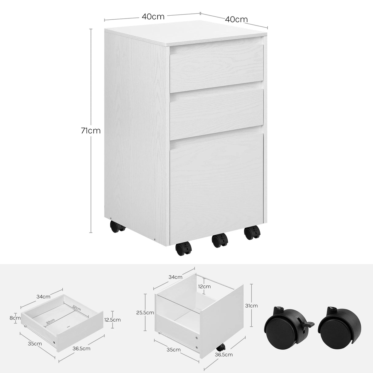 BukkitBow mobiele archiefkast met 3 laden, wielen en rolcontainer, geschikt als bureau organizer voor kantoor of woonkamer