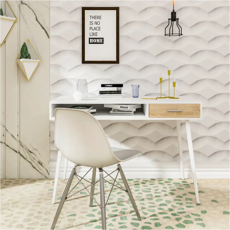 Moderne BukkitBow bureau met lade en open opbergruimte, compact formaat 50x110x75cm, ideaal voor thuis of kantoor.