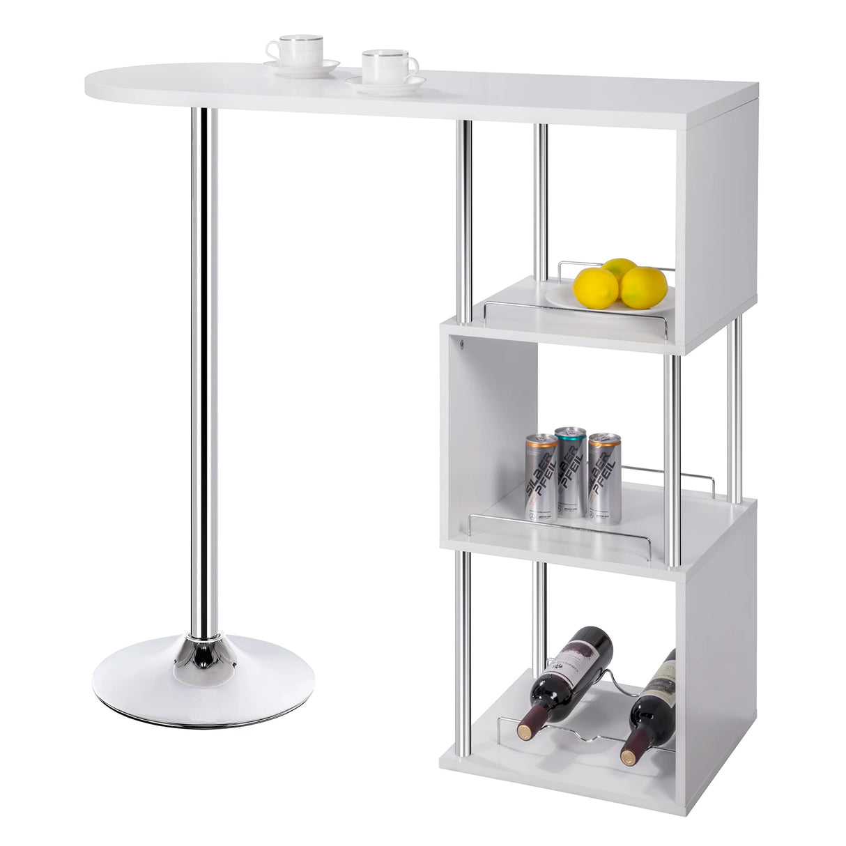 Moderne BukkitBow bartafel met S-vormig rek en flessenhouders, geschikt voor thuis of horeca, zwart metalen frame en houten blad