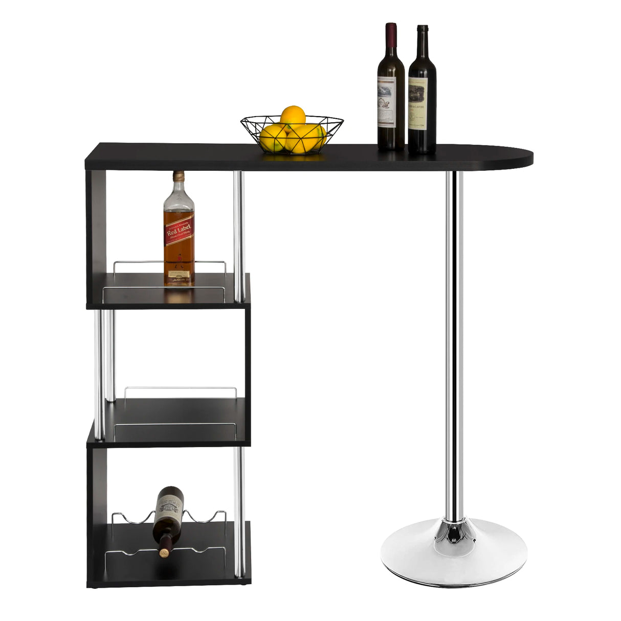 Moderne BukkitBow bartafel met S-vormig rek en flessenhouders, ideaal voor thuis of horeca, gemaakt van stevig materiaal.