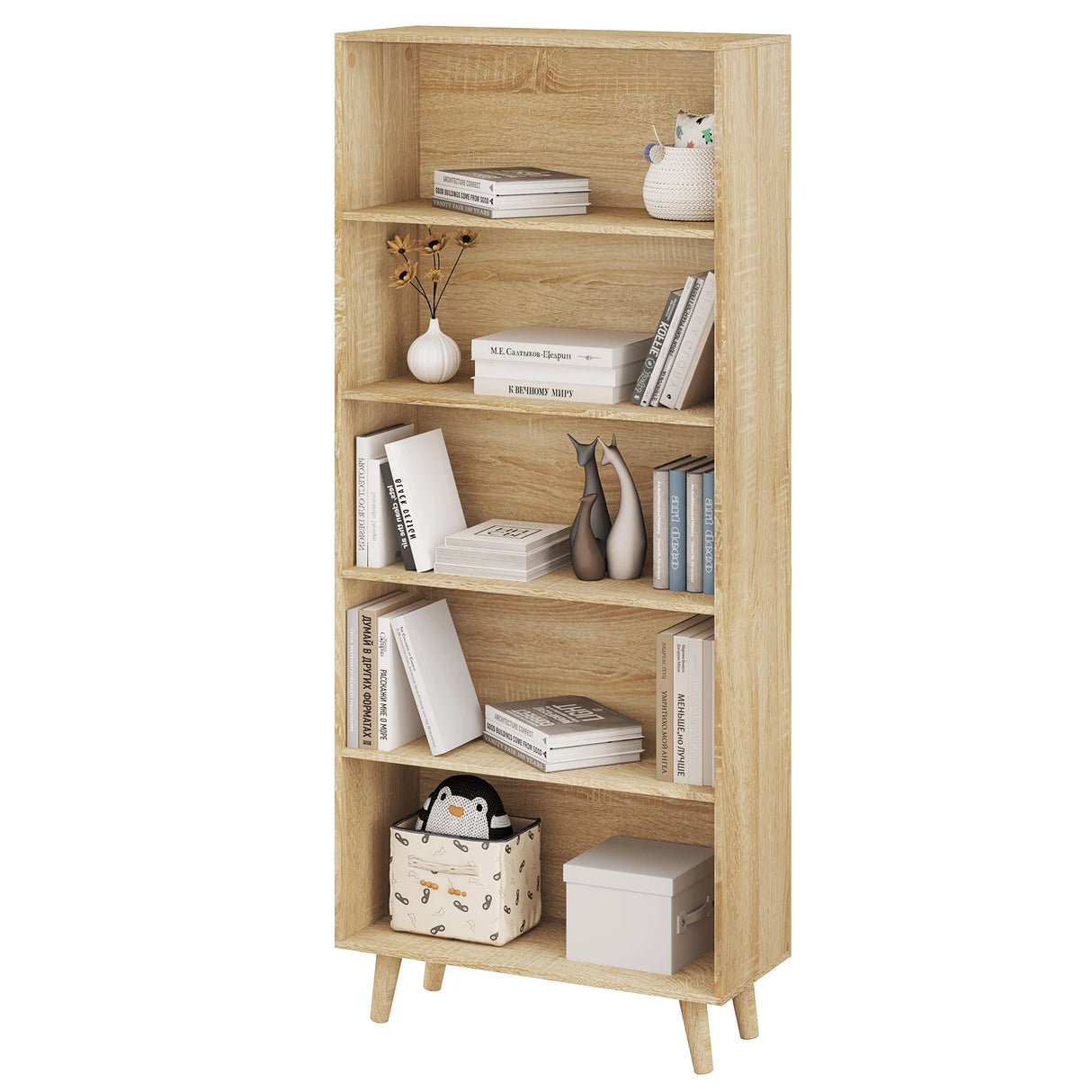 Moderne BukkitBow boekenkast met 5 vakken en houten poten, geschikt voor woon- en kantoorruimte.