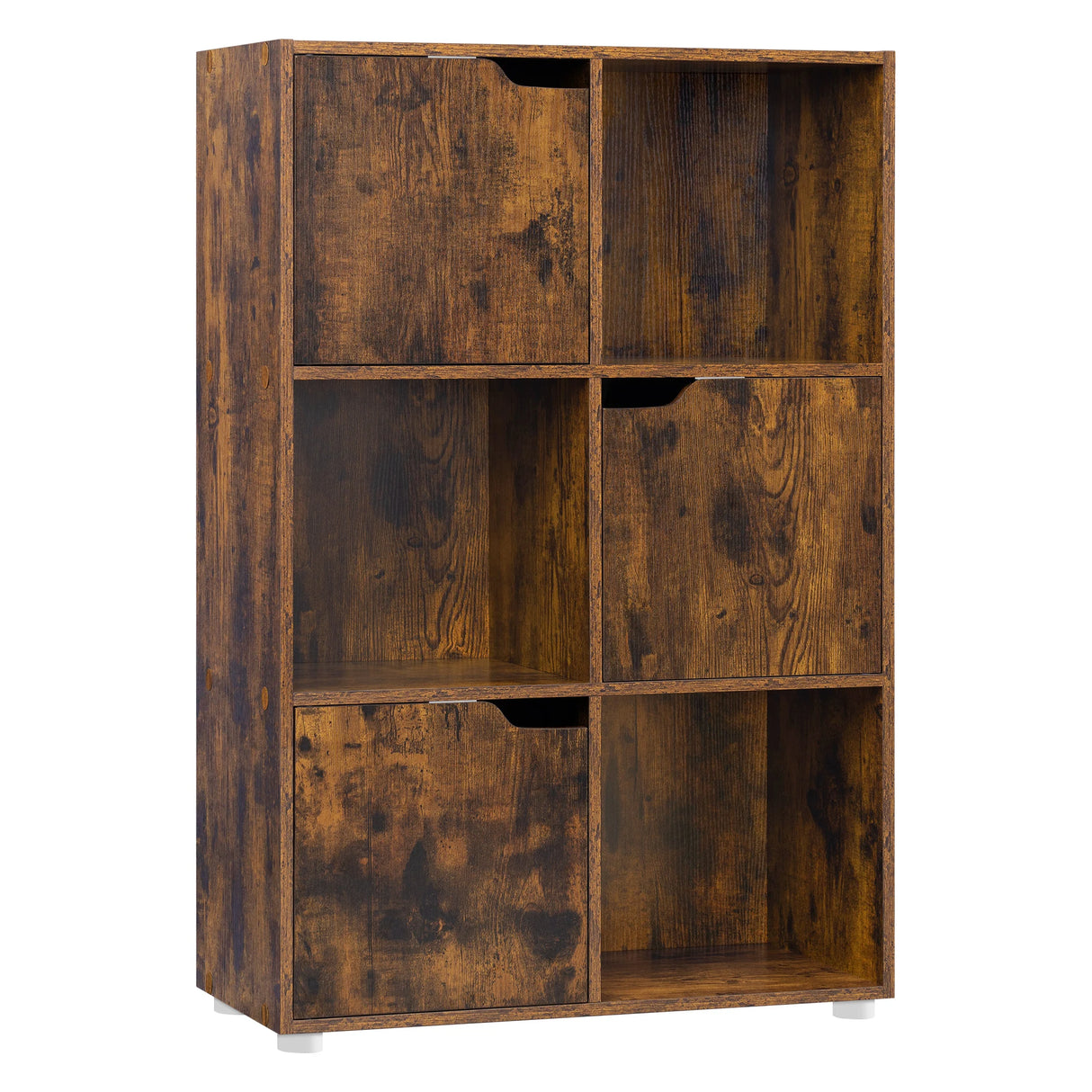 BukkitBow moderne Scandinavische boekenkast met 6 open vakken en 3 deurtjes, zwart houten afwerking, strak en functioneel design.