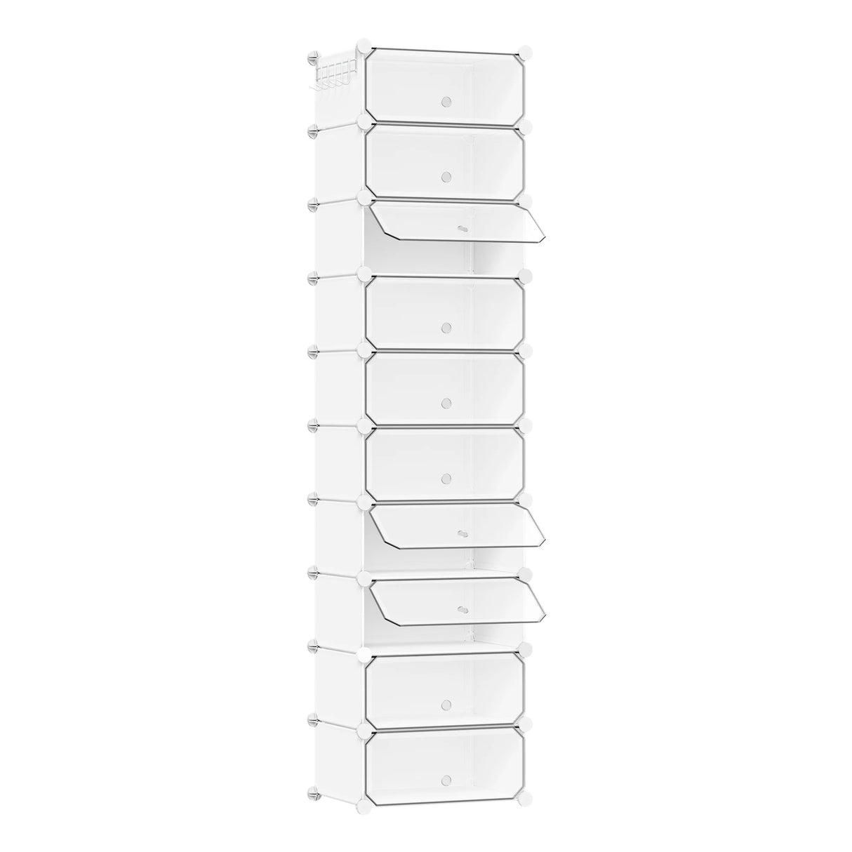Wit BukkitBow modulaire schoenenkast met 10 vakken, stofvrij en geschikt voor het organiseren van schoenen.