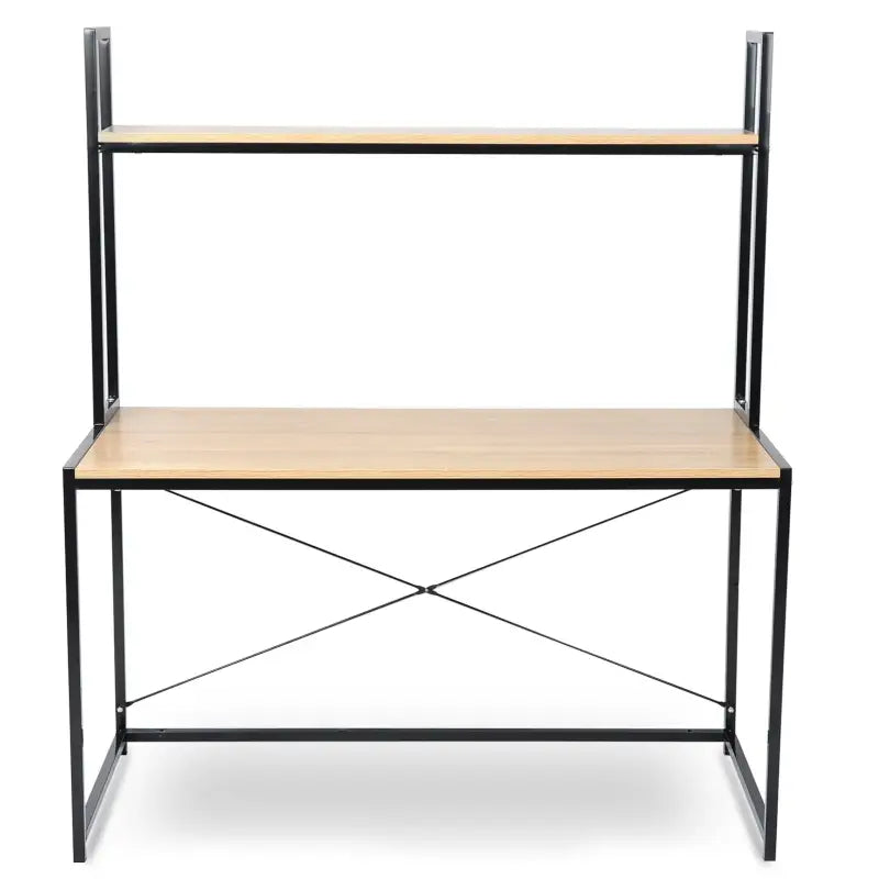 BukkitBow multifunctioneel bureau met houten en stalen details, ruime opslagruimte, afmetingen 120x60x140cm, ideaal voor kantoor of thuis.