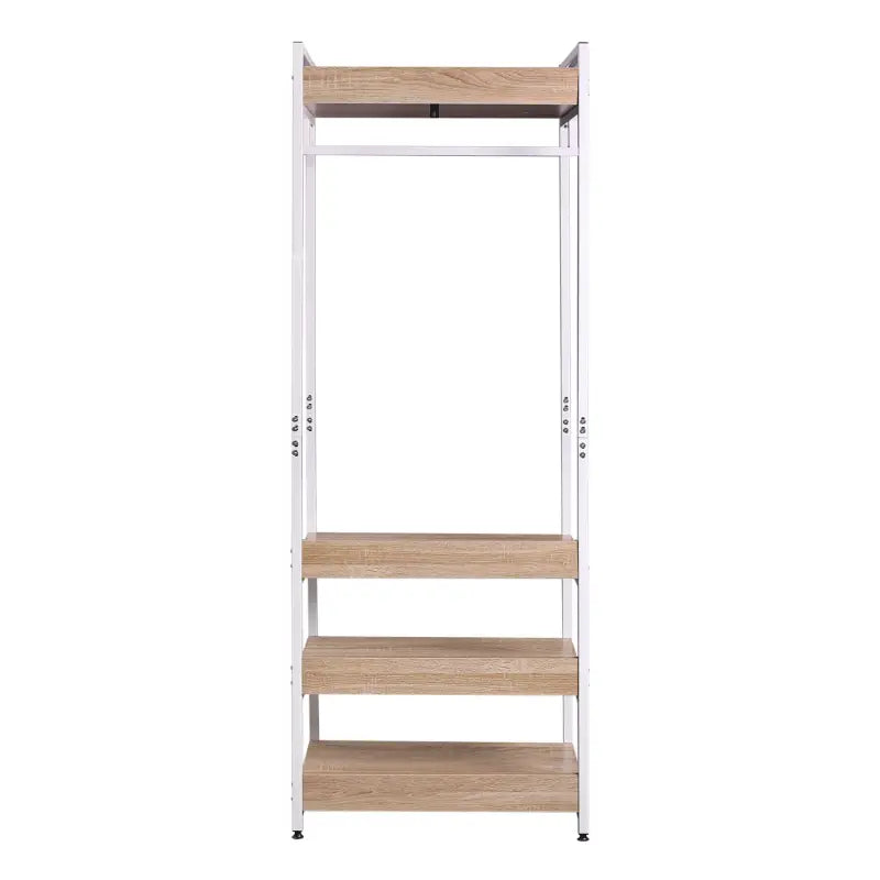 BukkitBow multifunctioneel kledingrek van staal en MDF met kledingrail, 56x36x170cm, maximaal 20 kg per plank, in een moderne interieurstijl.