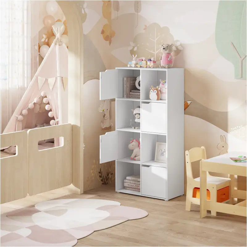 BukkitBow multifunctionele boekenkast met 8 compartimenten, compact en stijlvol, afmetingen 60x120x30cm, veilig ontwerp.