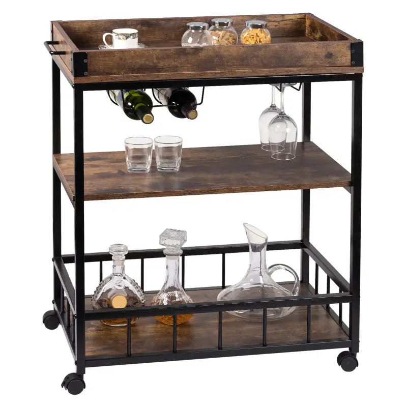 BukkitBow multifunctionele keukentrolley met wijnrek en glas houder, MDF en metalen frame, 69,5x39,5x85cm in de keuken.