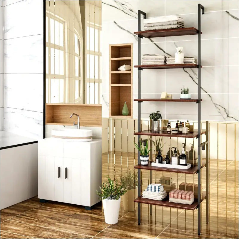 BukkitBow multifunctioneel ladderrek met stalen frame, 6 planken van donker eikenhout, zwart frame, afmetingen 60x204x30cm.