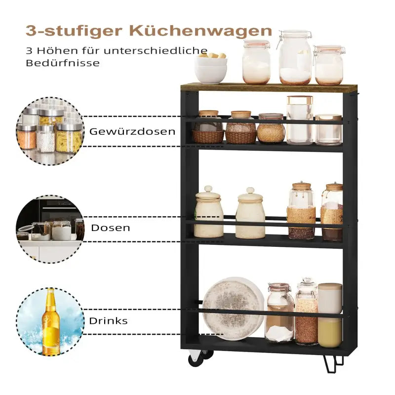BukkitBow multifunctionele keukentrolley met 3 open planken, verrijdbaar met rembare wielen en ruimtebesparend ontwerp, 47x80x13cm