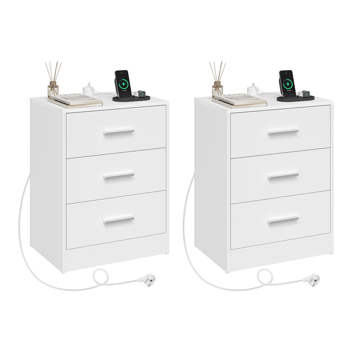 Houten BukkitBow nachtkastje met 3 laden en USB oplaadstation, modern design geschikt voor slaapkamer.