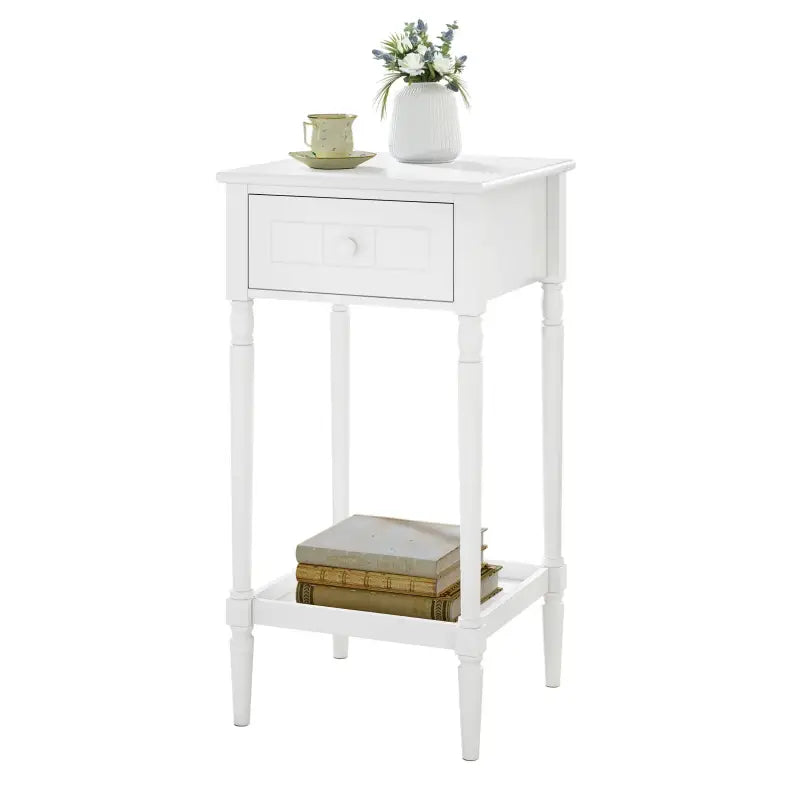 Baroknachtkastje van BukkitBow in wit met lade, blank oppervlak en massief houten poten, elegant en functioneel meubelstuk